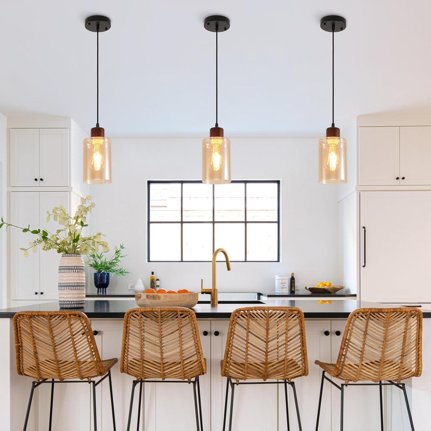 Lámpara colgante madera isla cocina set 2 vidrio ambar