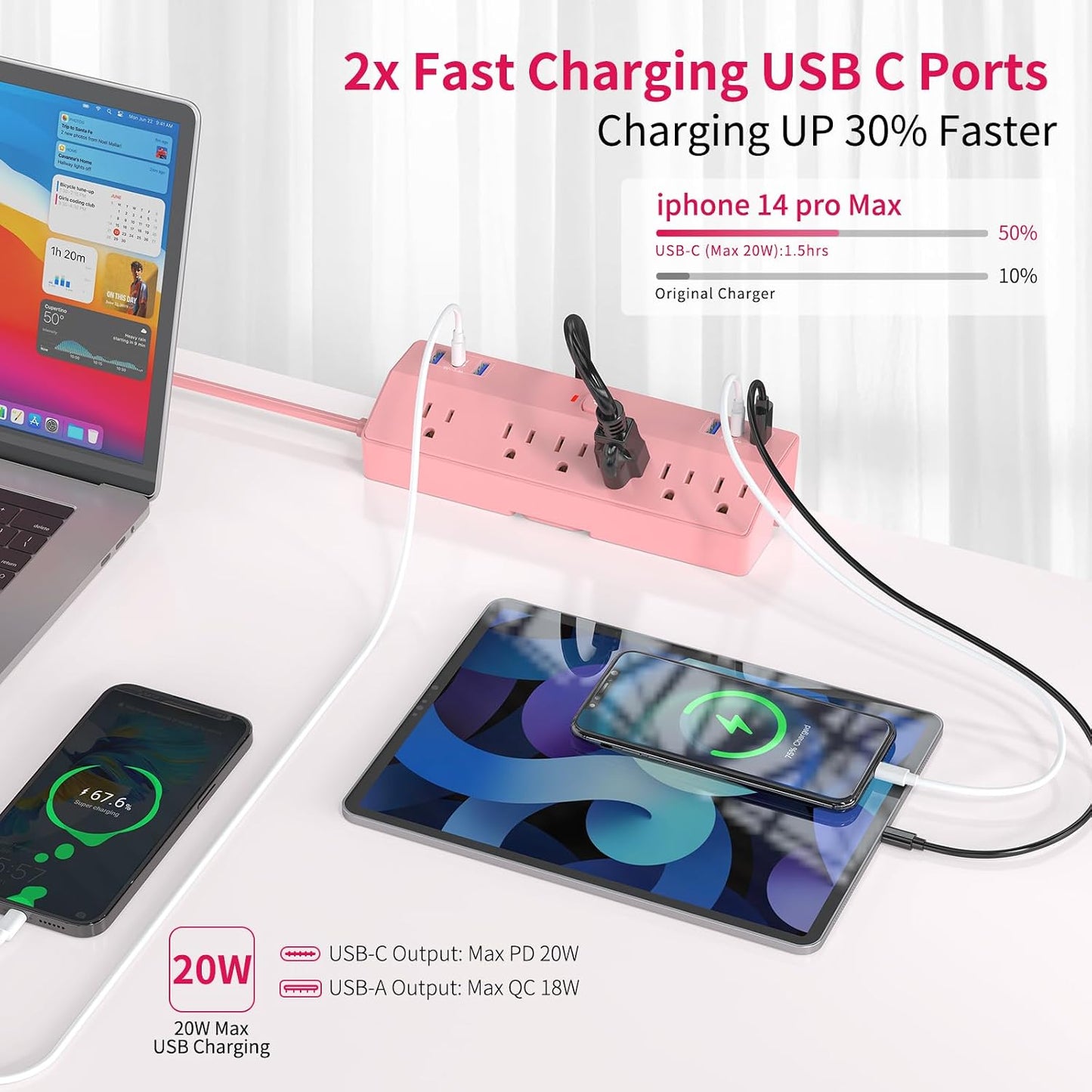 Regulador de escritorio con 6 puertos USB-C 40W y 6 enchufes