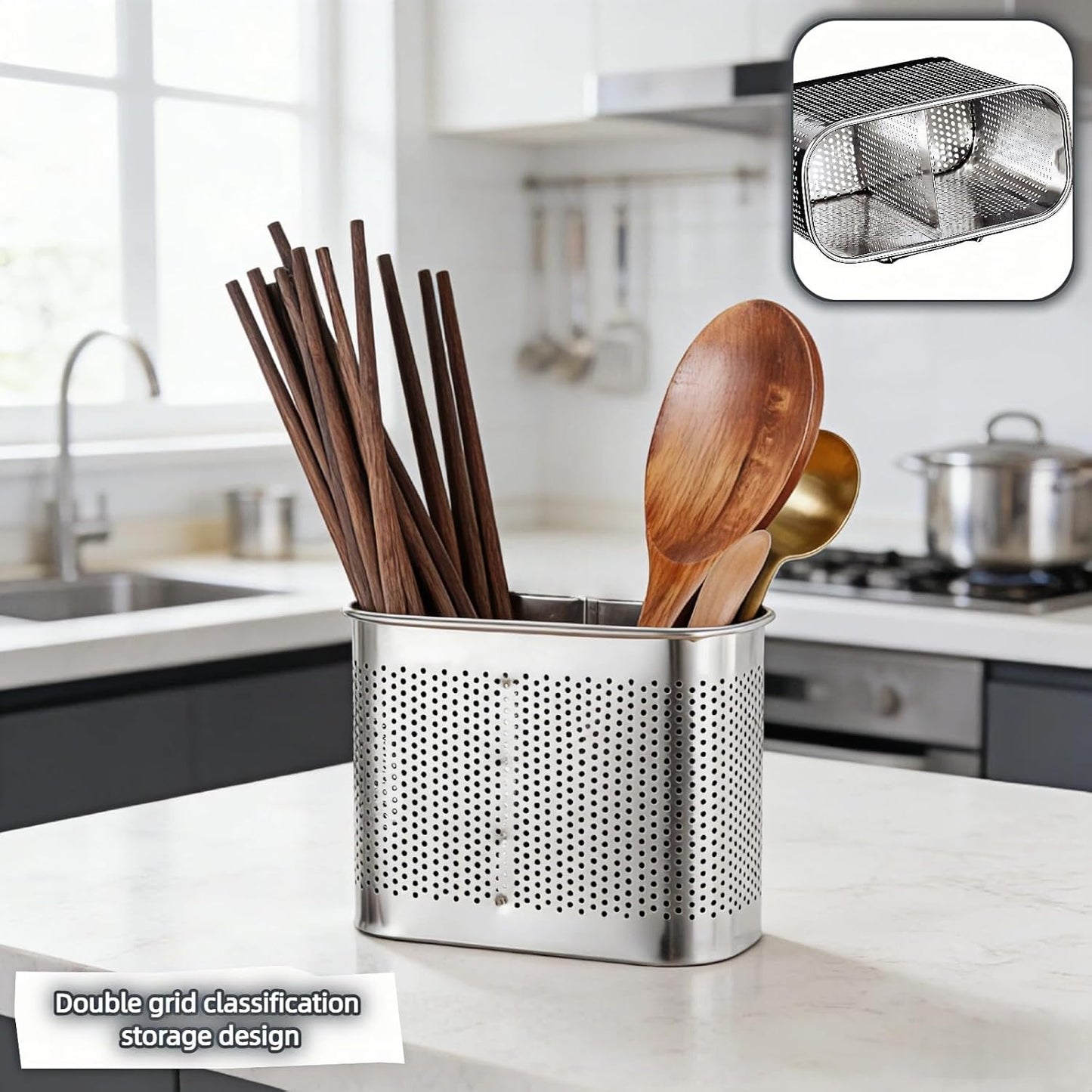 Soporte utensilios cocina acero inoxidable con ganchos escurridor resistente