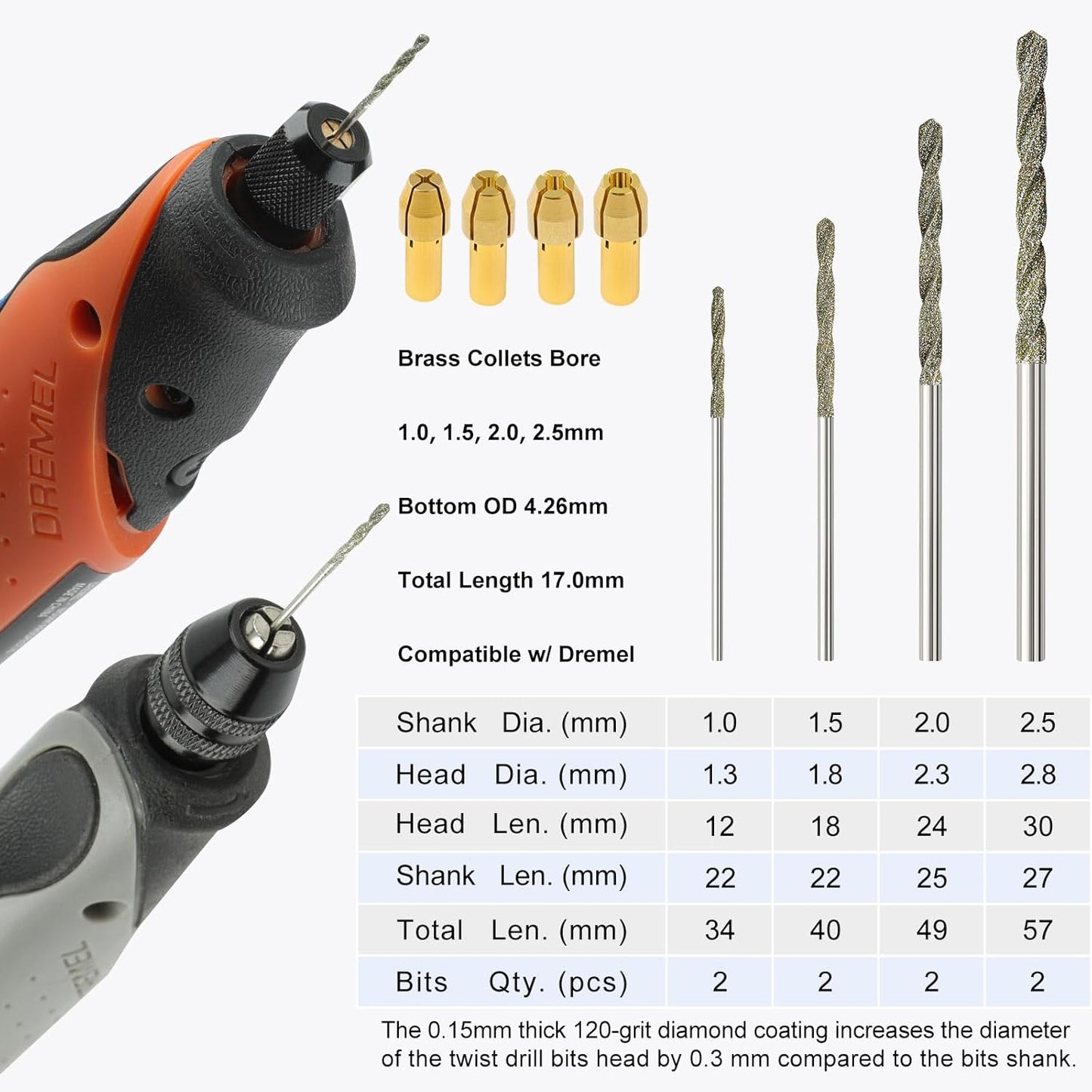 Brocas diamante 0.039-0.098pulg grano 120 8 pzas comp Dremel
