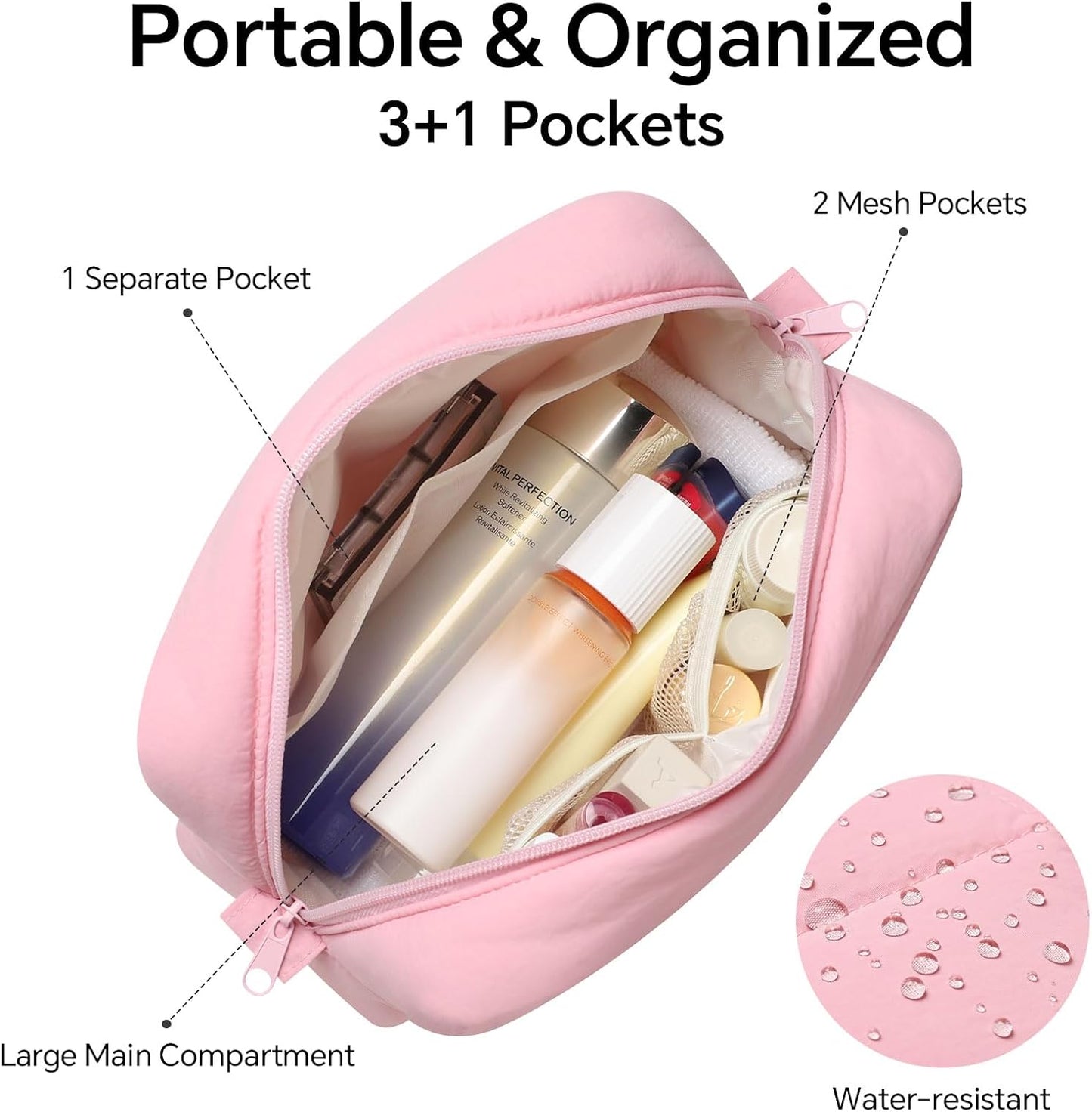 Bolsa maquillaje acolchada viaje mujer rosa
