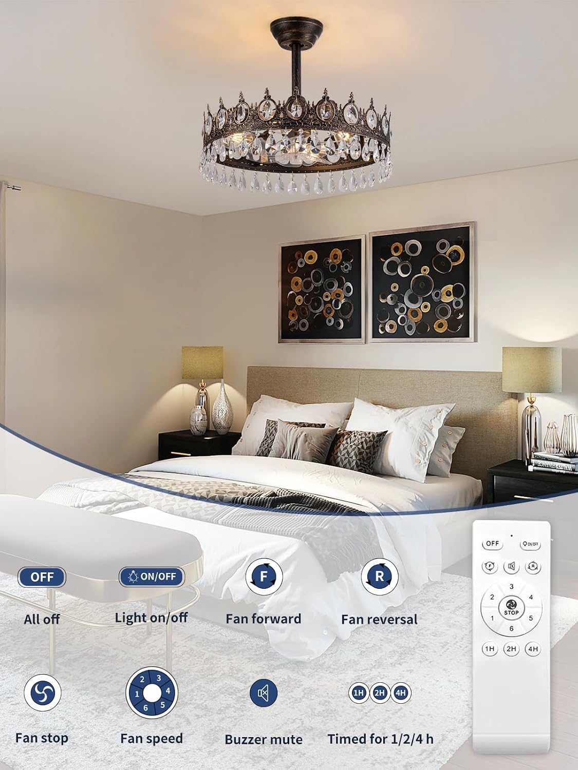Ventilador techo rústico con lámpara cristal luz control remoto