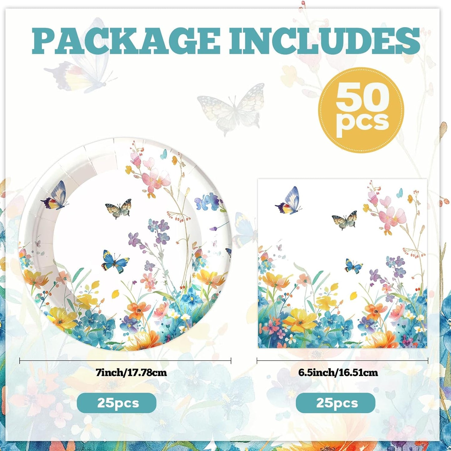 Platos de papel con flores silvestres y servilletas para fiestas de primavera y verano