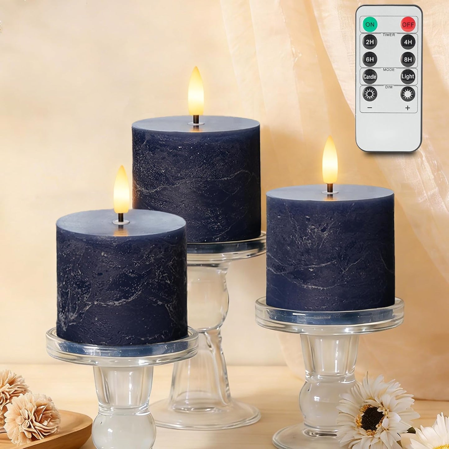 Velas sin llama azul marino con control remoto 3 pzas