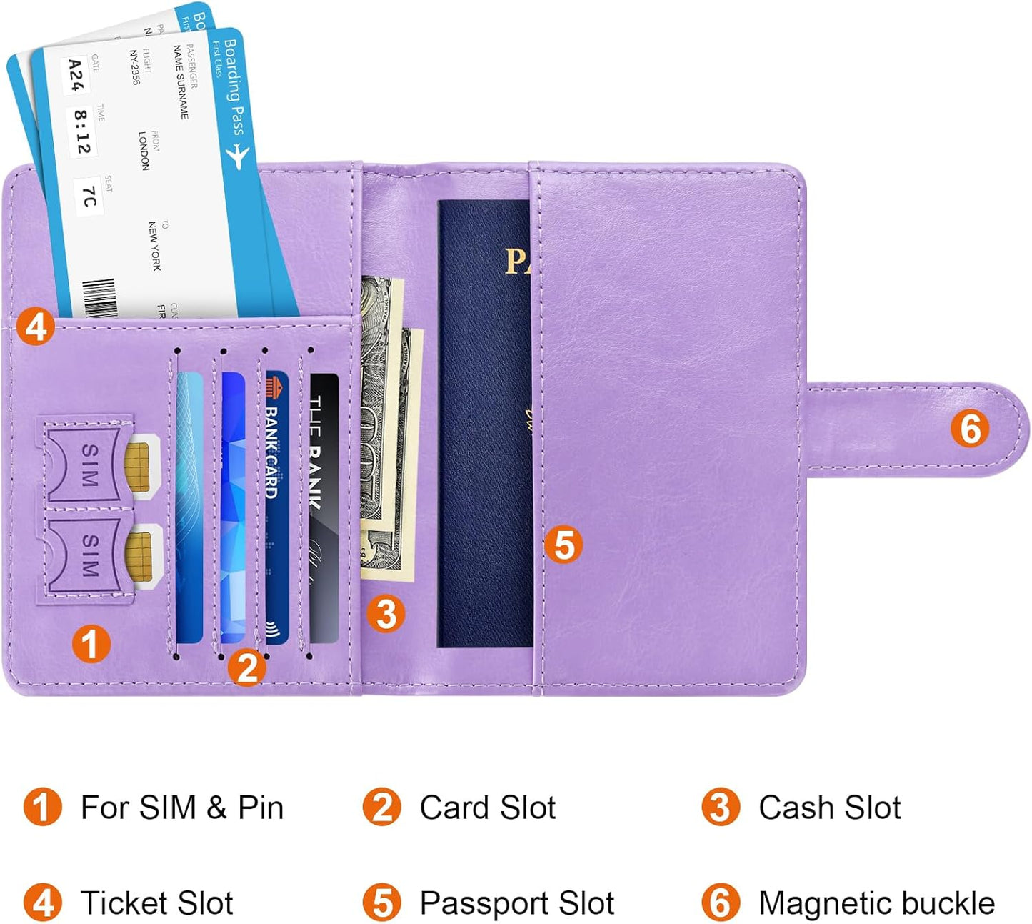 Funda cartera pasaporte C-morado claro cierre magnético