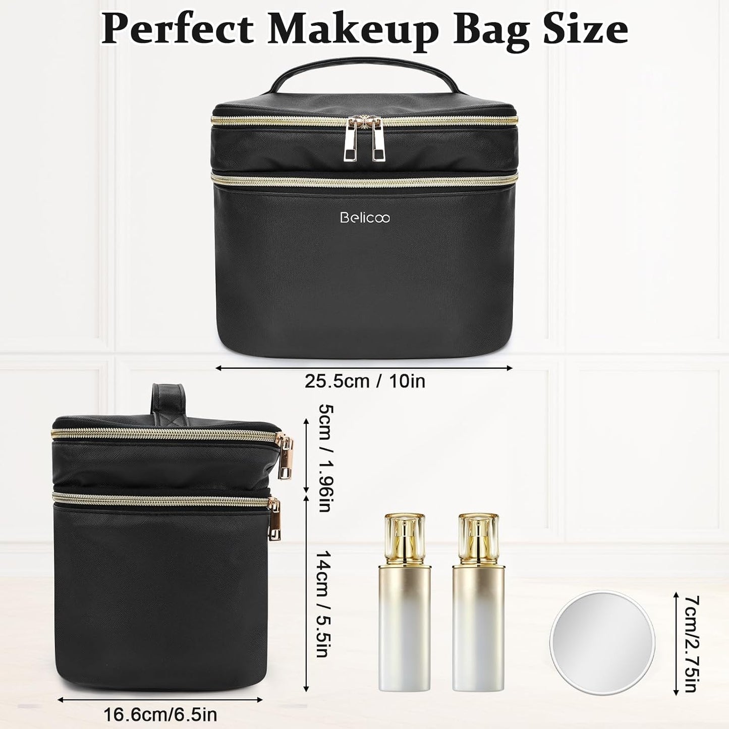 Bolsa maquillaje piel sintética impermeable con espejo y divisor