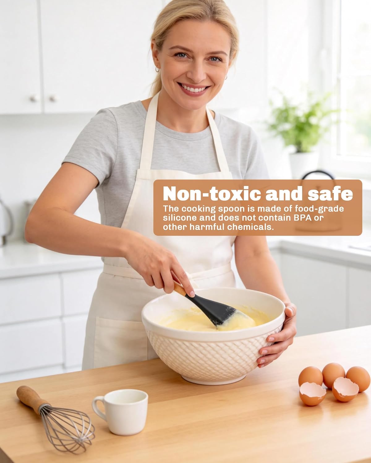 Cucharas de cocina antiadherentes de silicona sin BPA con mango de madera