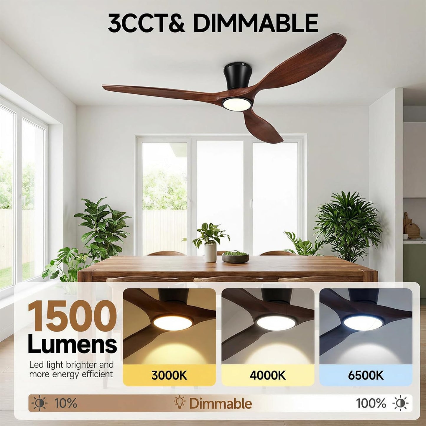 Ventilador techo madera 52pulg luces LED regulable control remoto