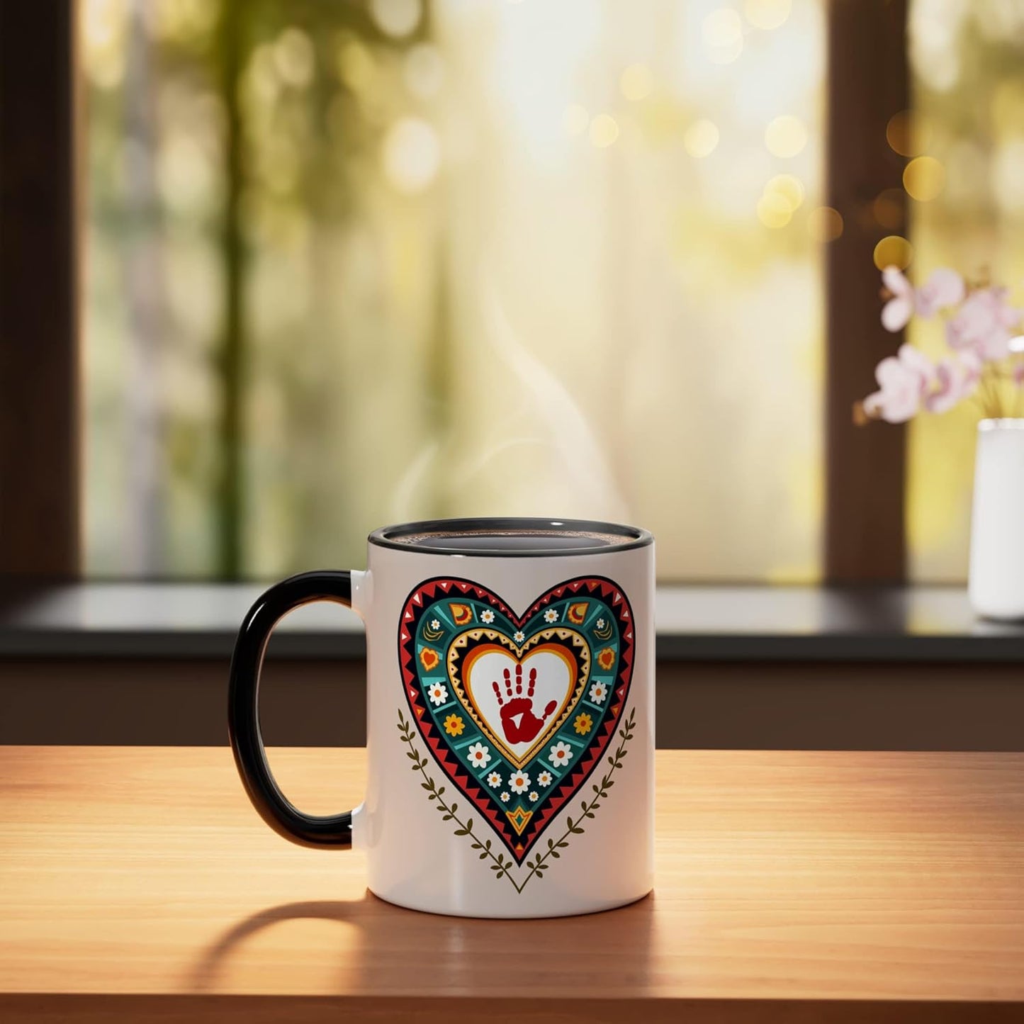 Taza cerámica forma corazón rojo sangre indígena nativo americano negro/blanco