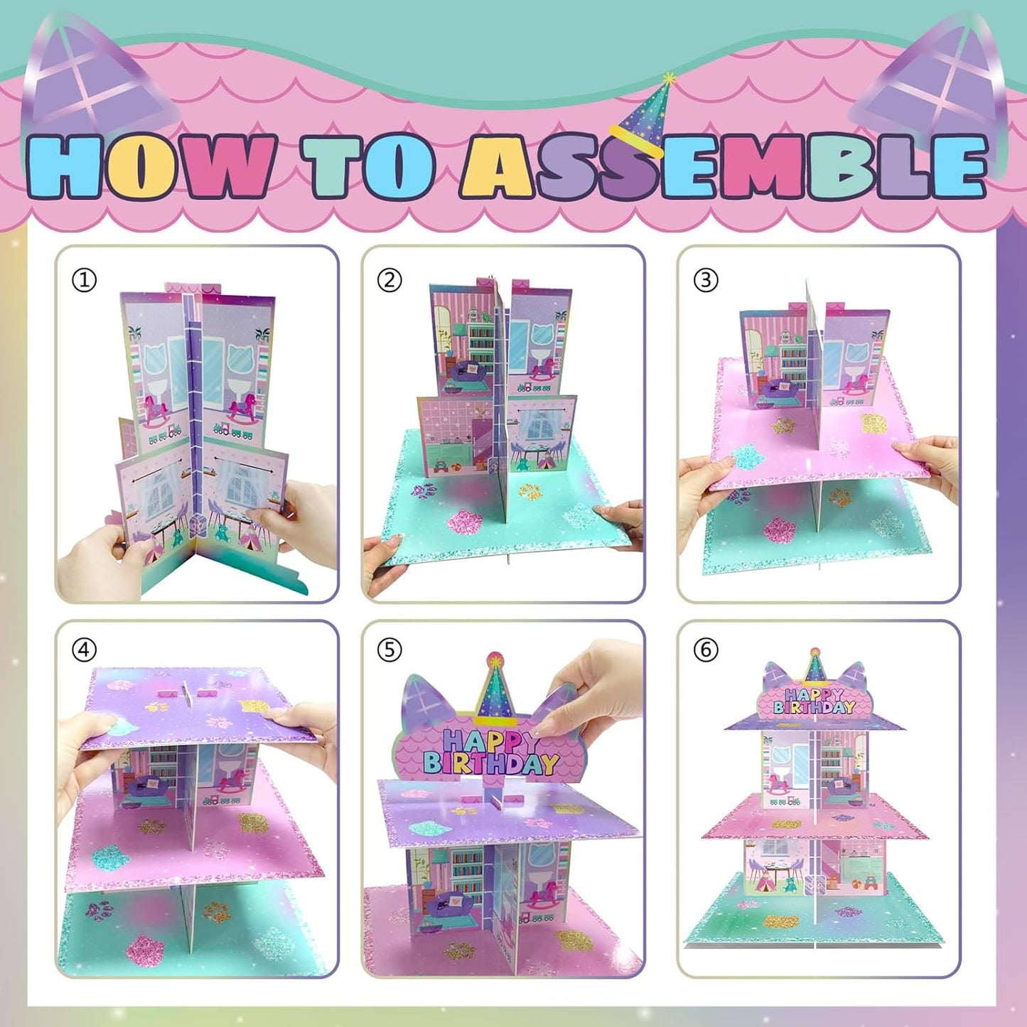 Casa de muñecas de gato de dibujos animados con soporte para cupcakes y postres