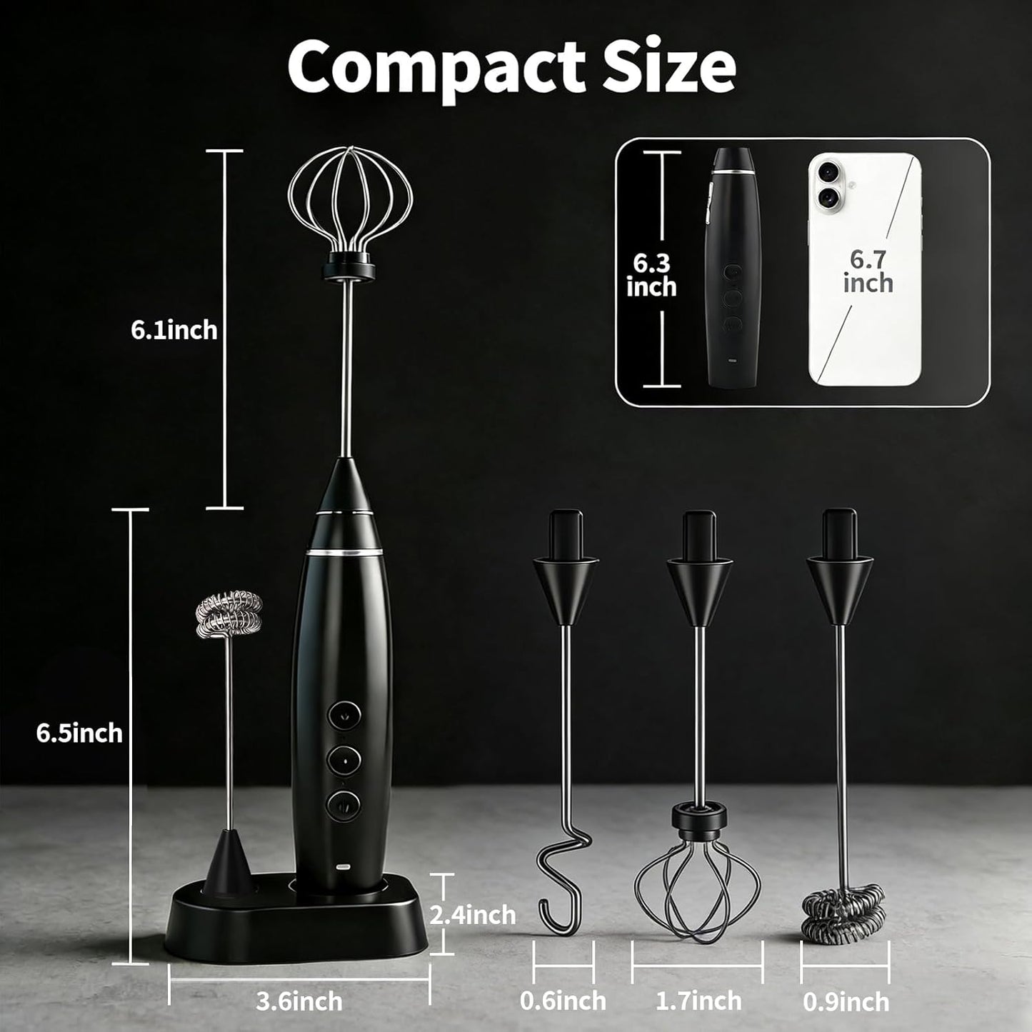 Espumador de leche eléctrico con 3 batidores de acero inoxidable, recargable por USB