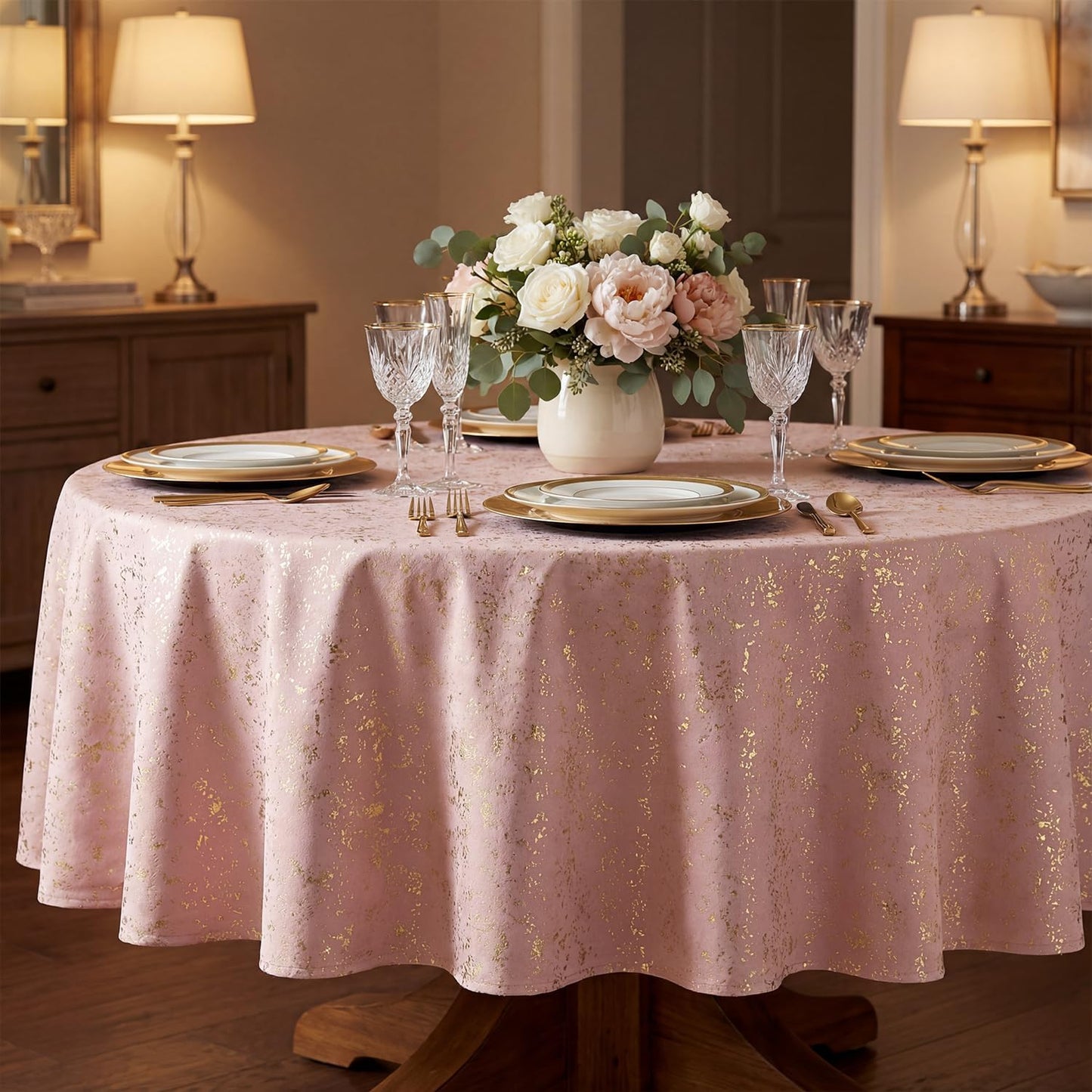 Mantel redondo de terciopelo rosa 60 x 60 pulgadas con lentejuelas doradas para bodas y fiestas