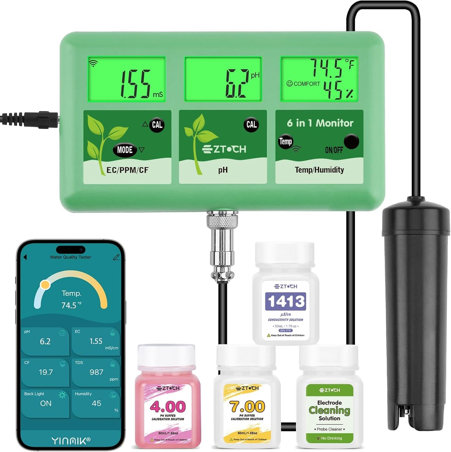 Monitor pH EC TDS 6en1 con soluciones hidropónica