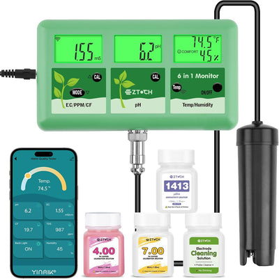 Monitor pH EC TDS 6en1 con soluciones hidropónica
