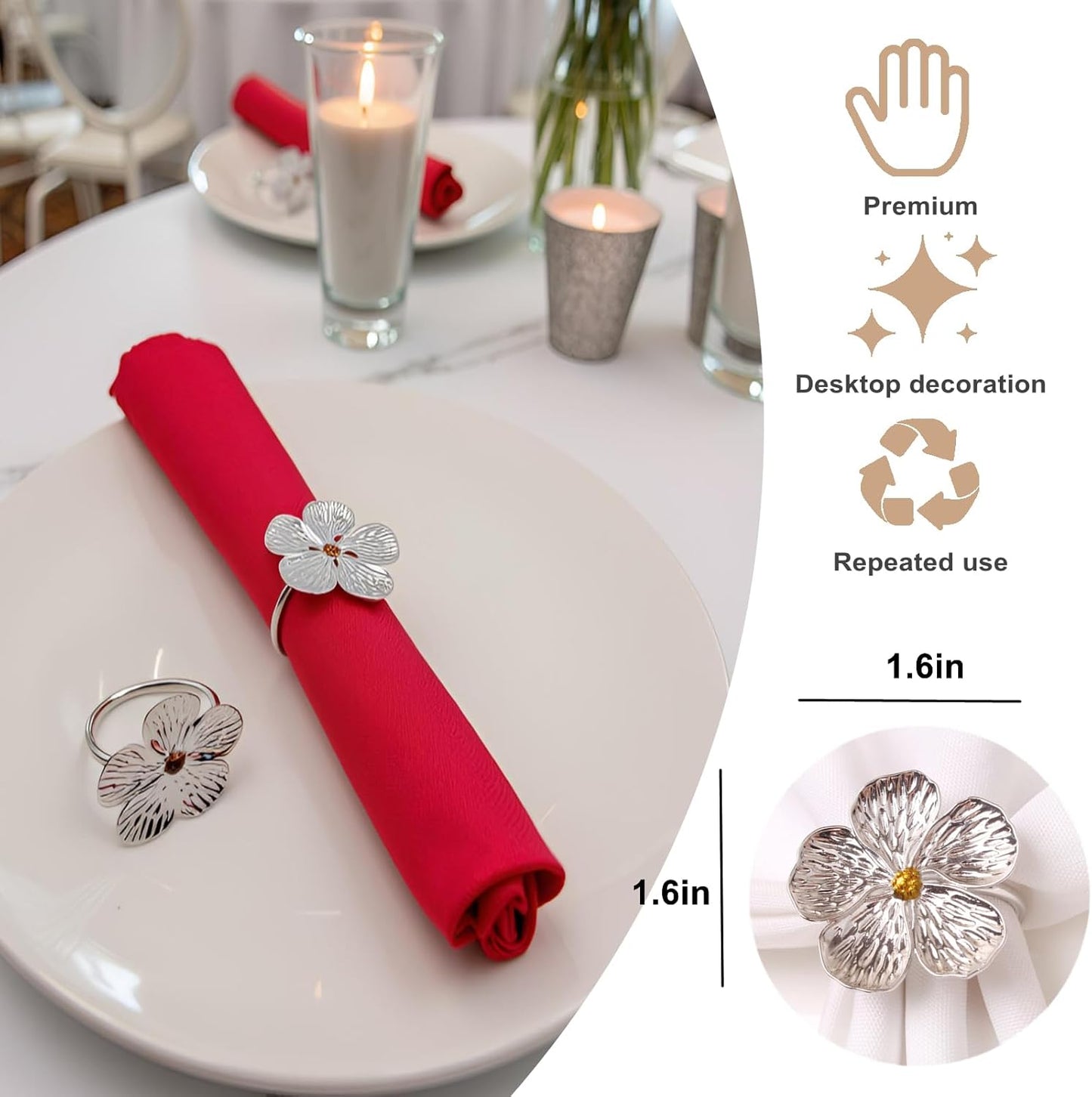 Servilleteros plateados con flor de ciruelo para boda, fiesta y comedor