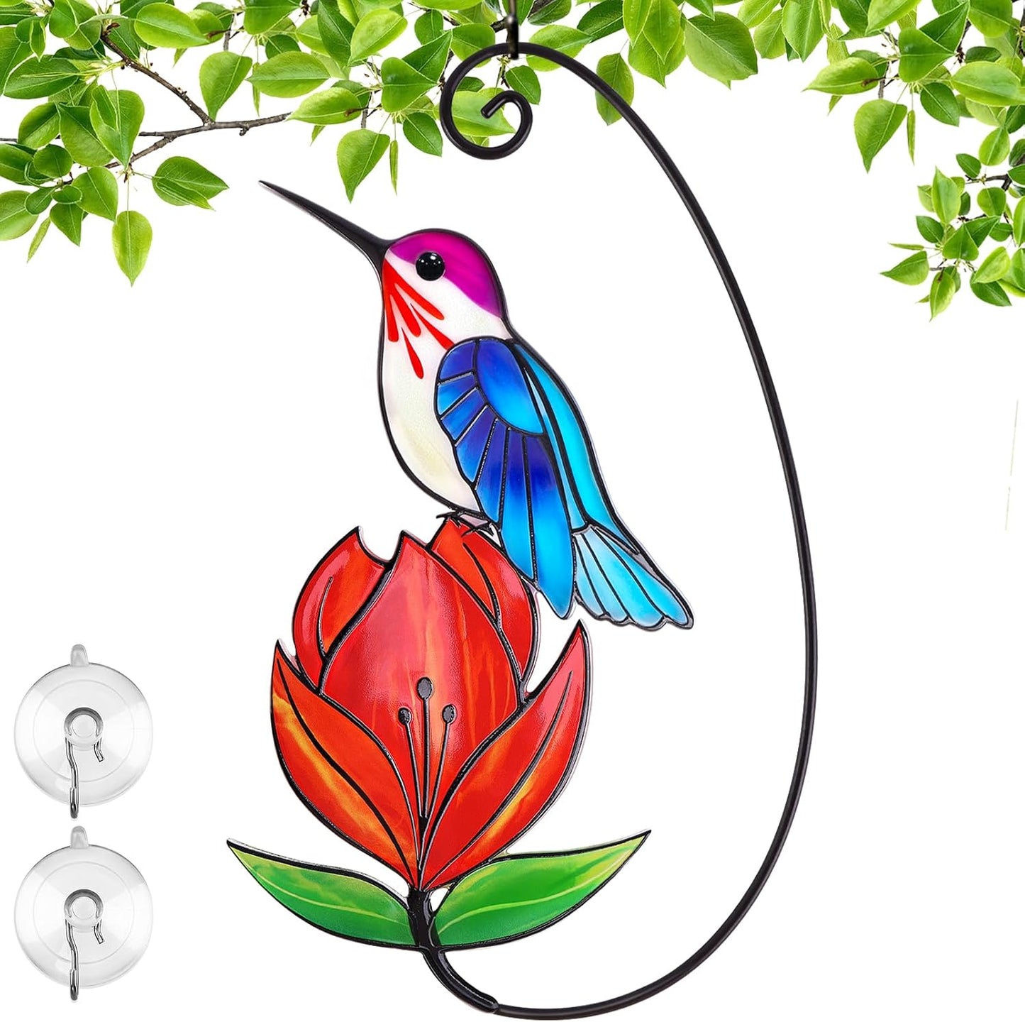 Colibrí azul con flor roja para ventana decoración
