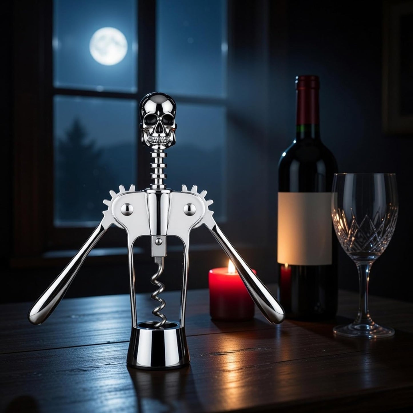 Sacacorchos de calavera plateada temática gótica para vino