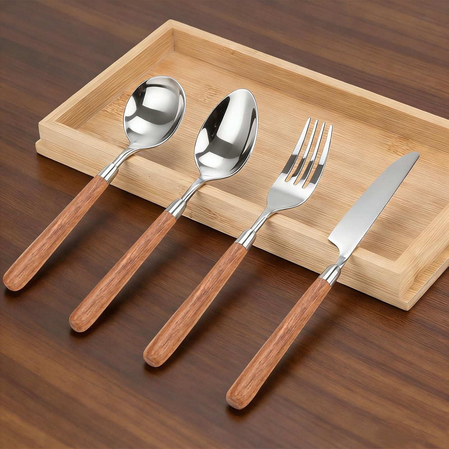 Juego de 4 cubiertos de acero inoxidable 304 con mango de madera
