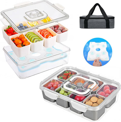 Contenedor portátil para aperitivos con bolsa de hielo y bandeja dividida