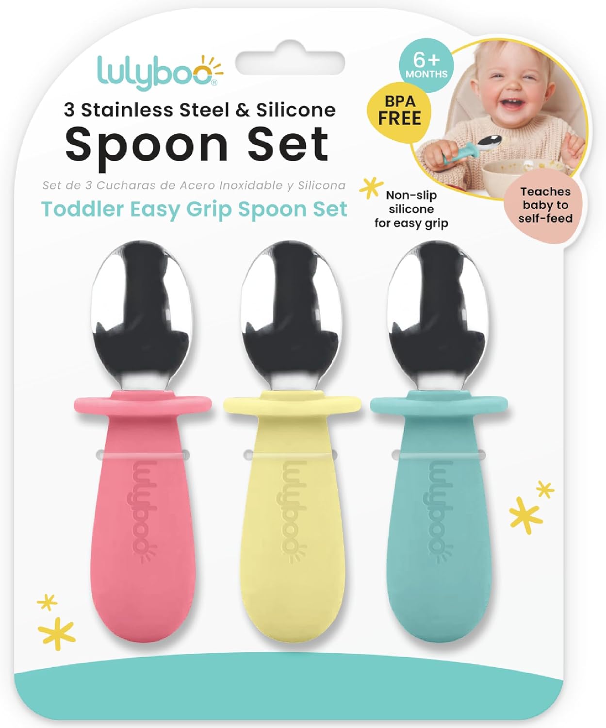 Juego de cucharas para bebés de acero inoxidable y silicona con mango antideslizante