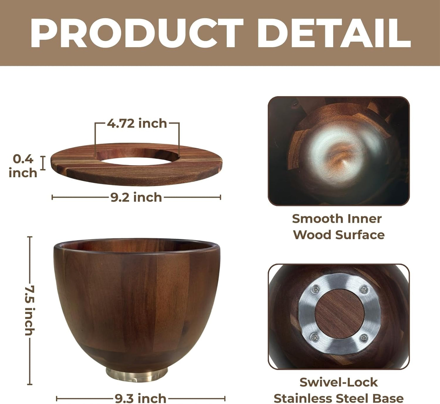 Tazón de madera con tapa a prueba de salpicaduras compatible KitchenAid 4.5 y 5 cuartos