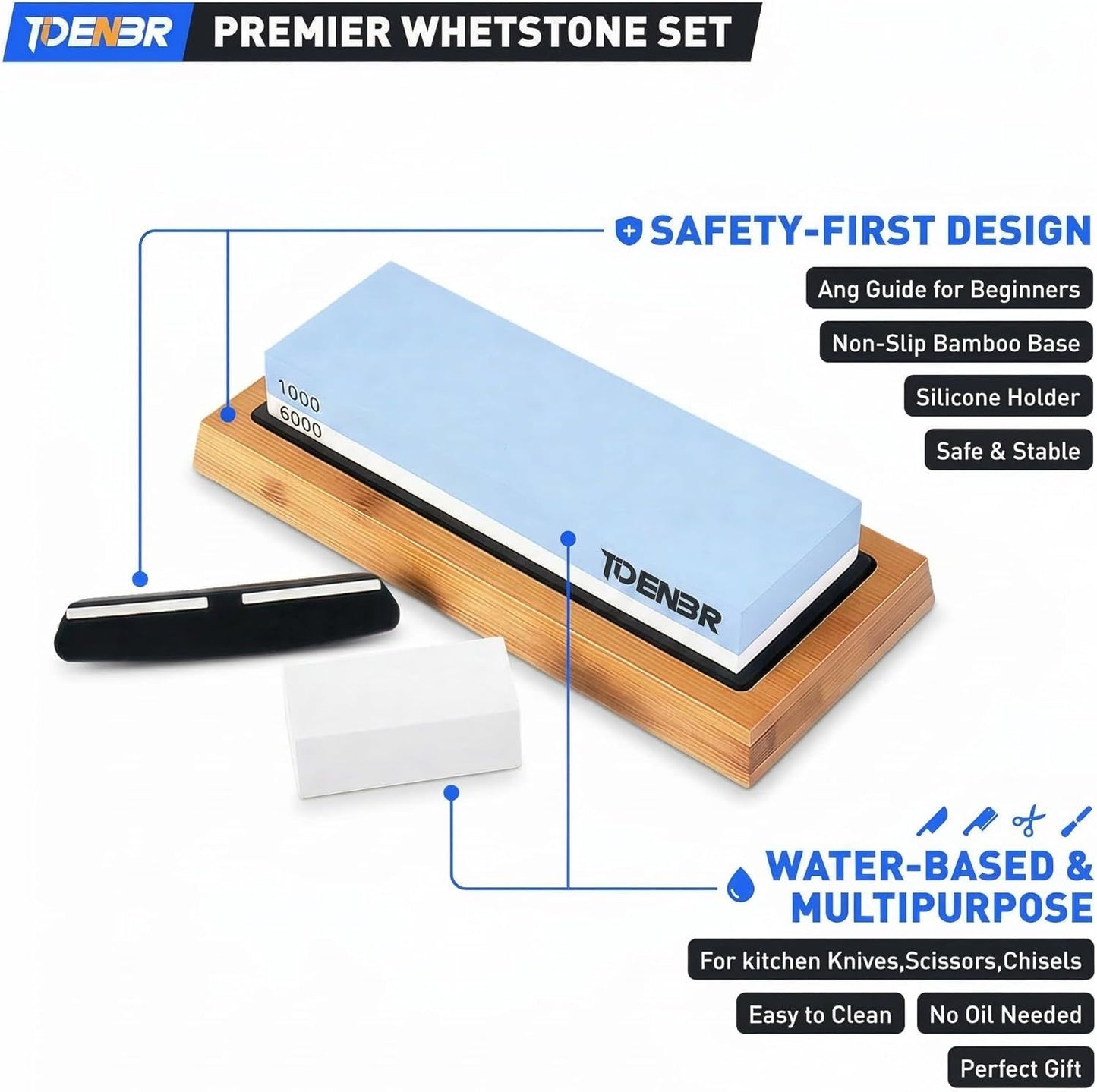 Kit piedra corindón blanco 1000/6000 doble cara cuchillo base bambú