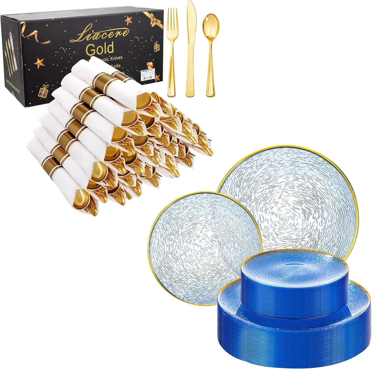 Pack 100 Cubiertos Servilletas Dorado 60 Platos Plástico Azul