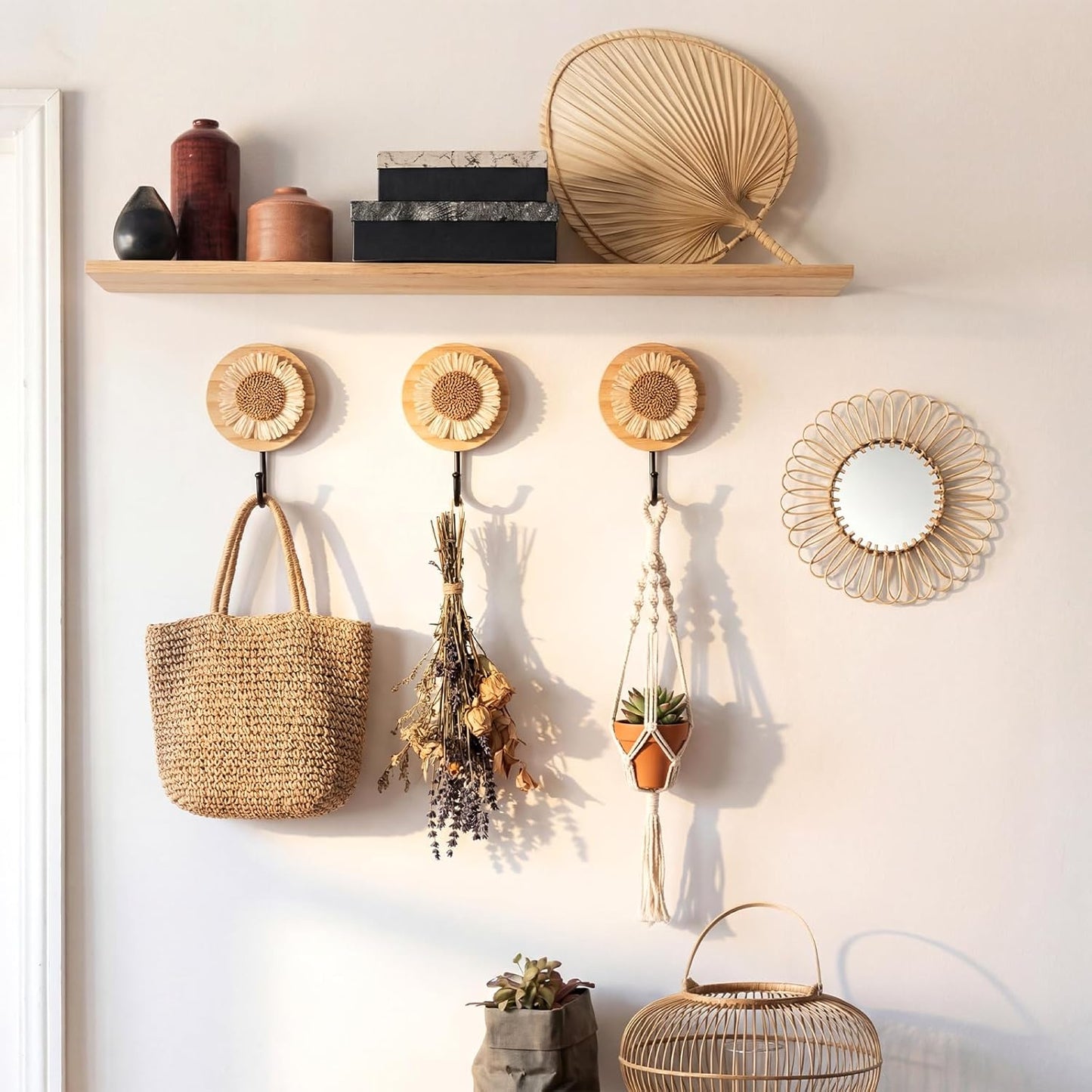 3 Ganchos Pared Margaritas Madera Bohemia Decoración Bebé