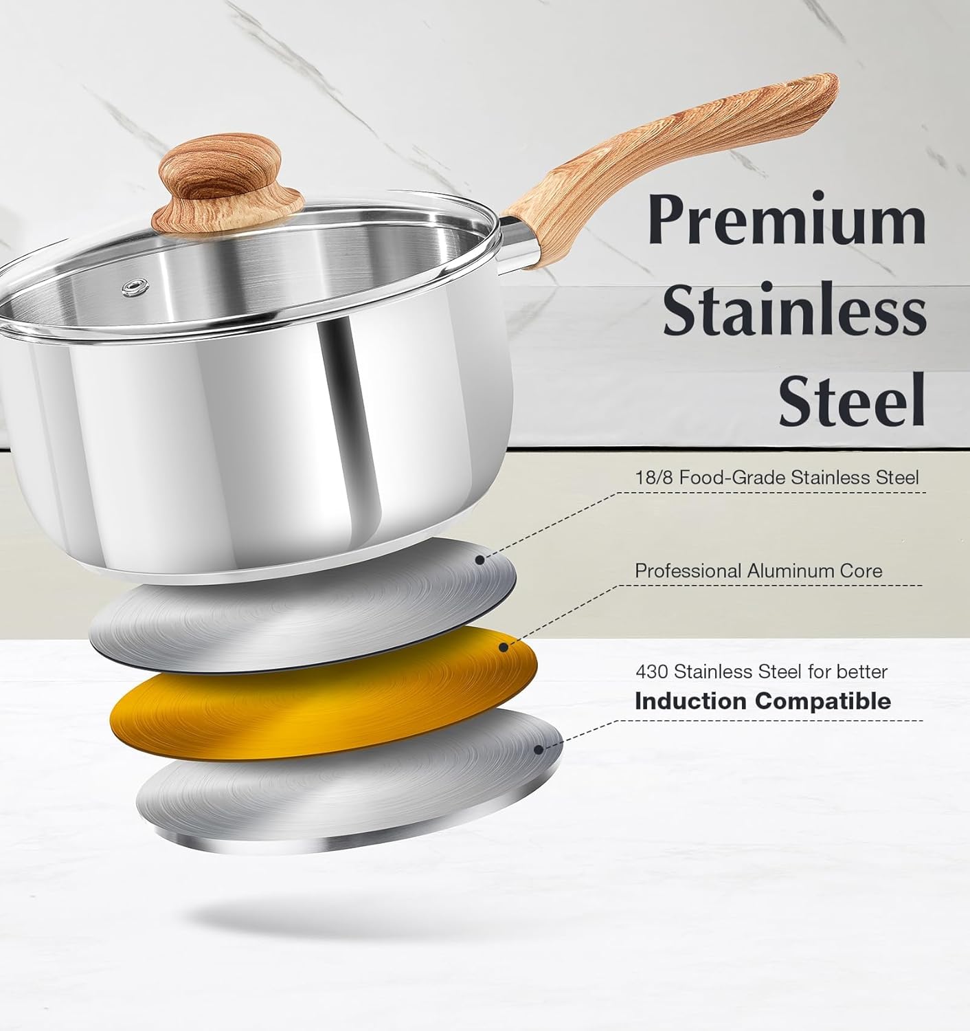 Set Ollas Acero Inox 1-3qt con Tapas Vidrio
