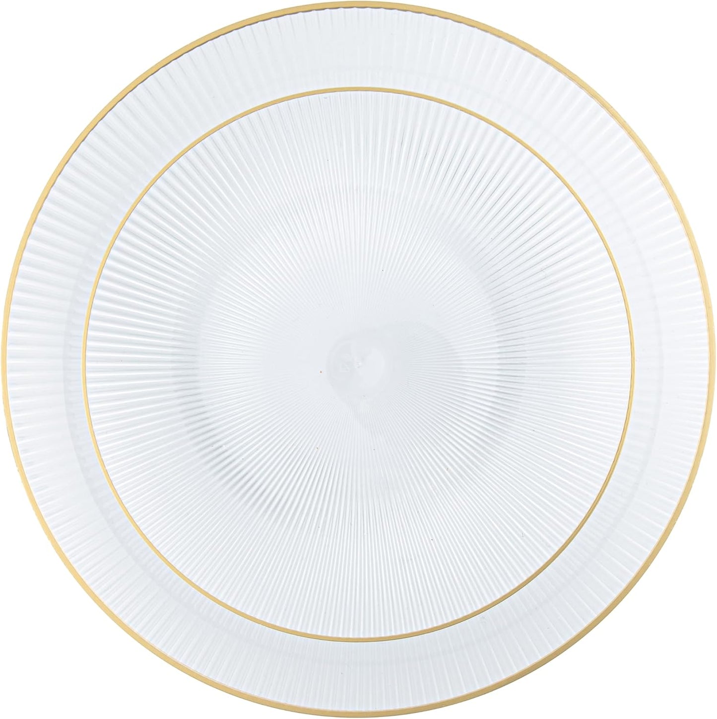Set 96 platos plástico transparente borde dorado 48x7 y 48x9 pulg