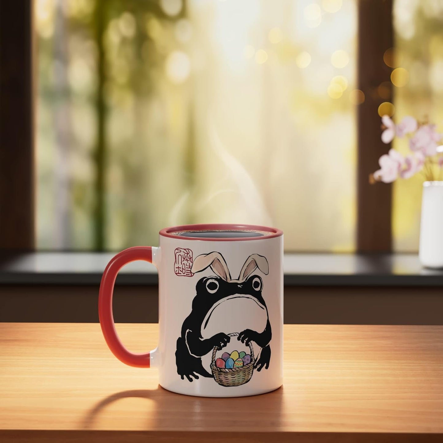 Taza de cerámica Grumpy Frog con diseño de conejo de Pascua rojo y blanco