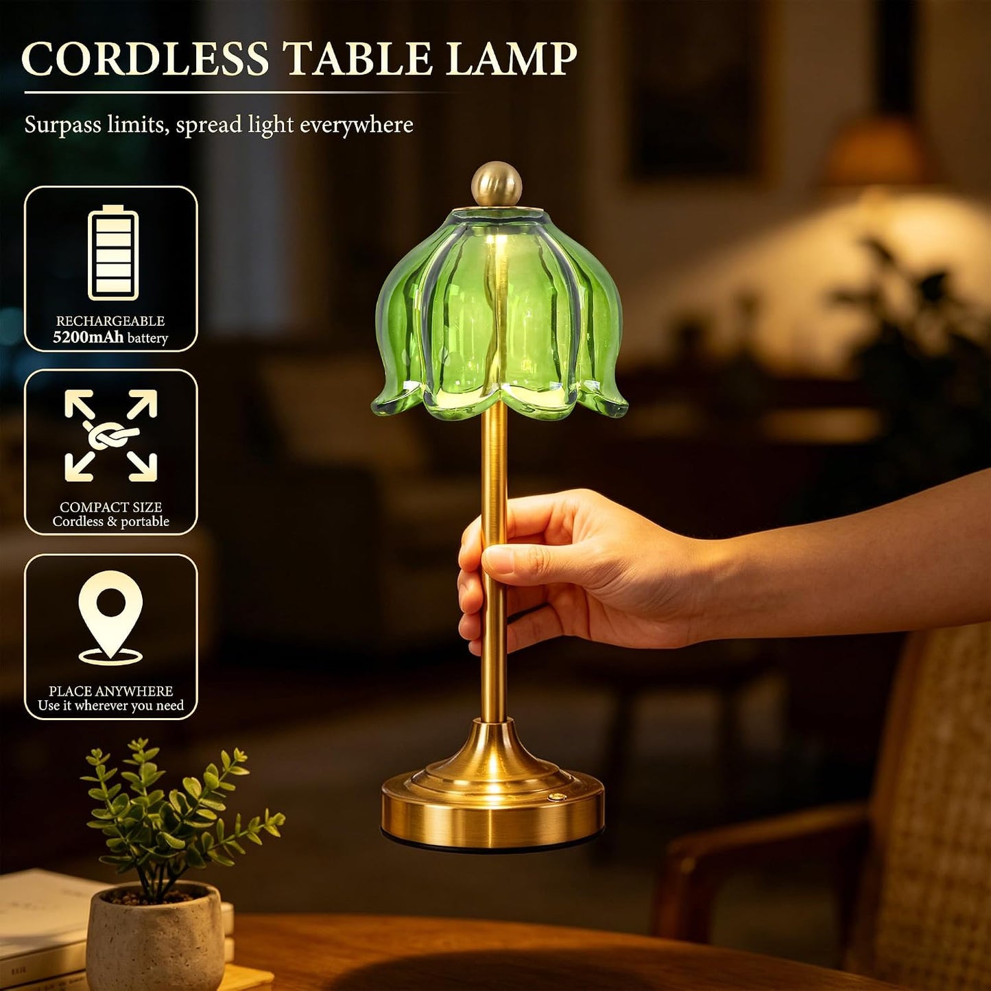 Lámpara mesa recargable tulipán LED vidrio verde
