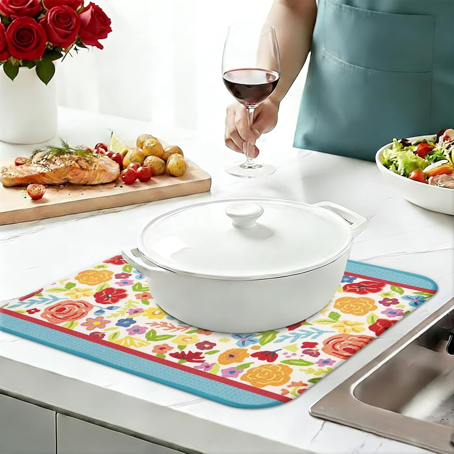 Tapete secado platos turquesa 16x18pulg microfibra diseño floral