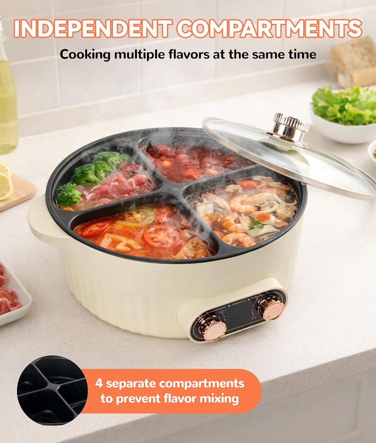 Olla eléctrica Shabu Shabu de 4 compartimentos con calentamiento rápido