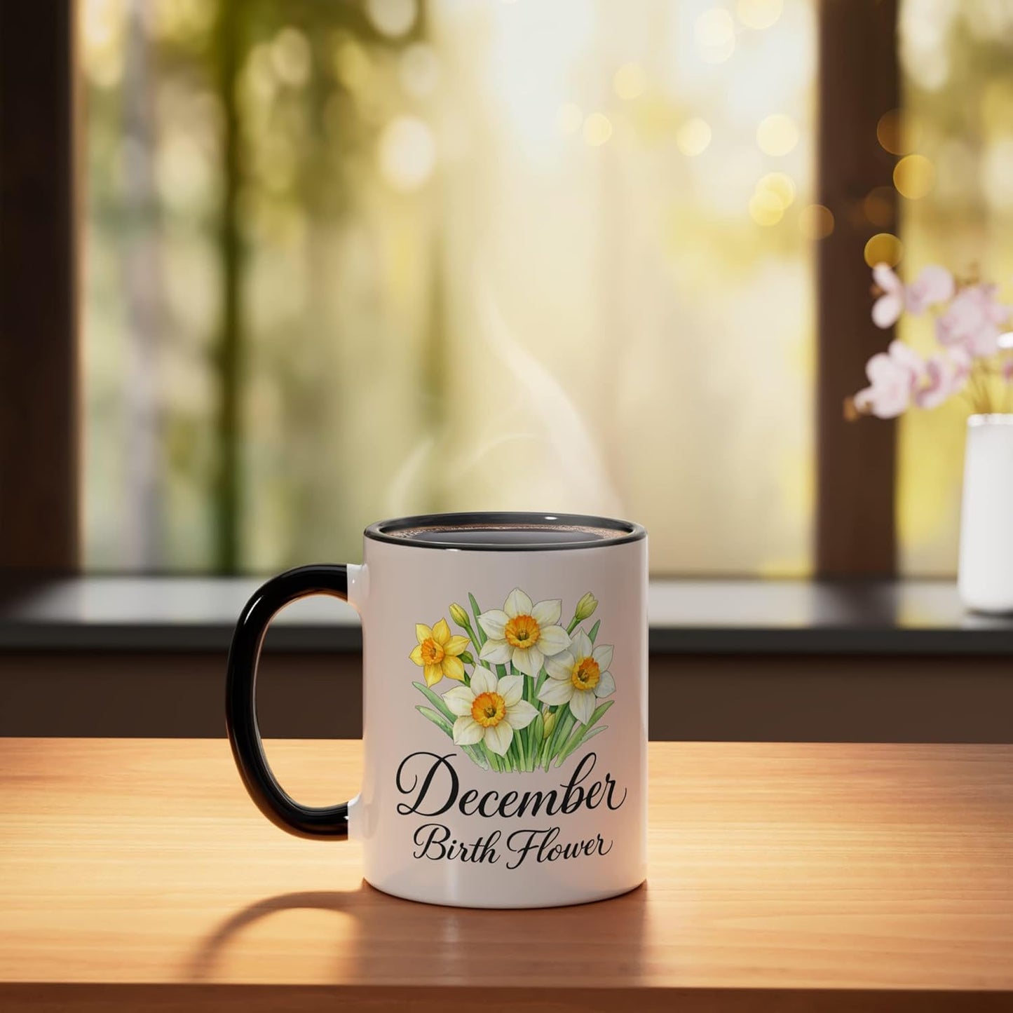Taza cerámica de cumpleaños flor de narciso negro/blanco