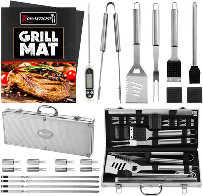 Set 23 accesorios parrilla acero inox con termómetro y alfombrillas