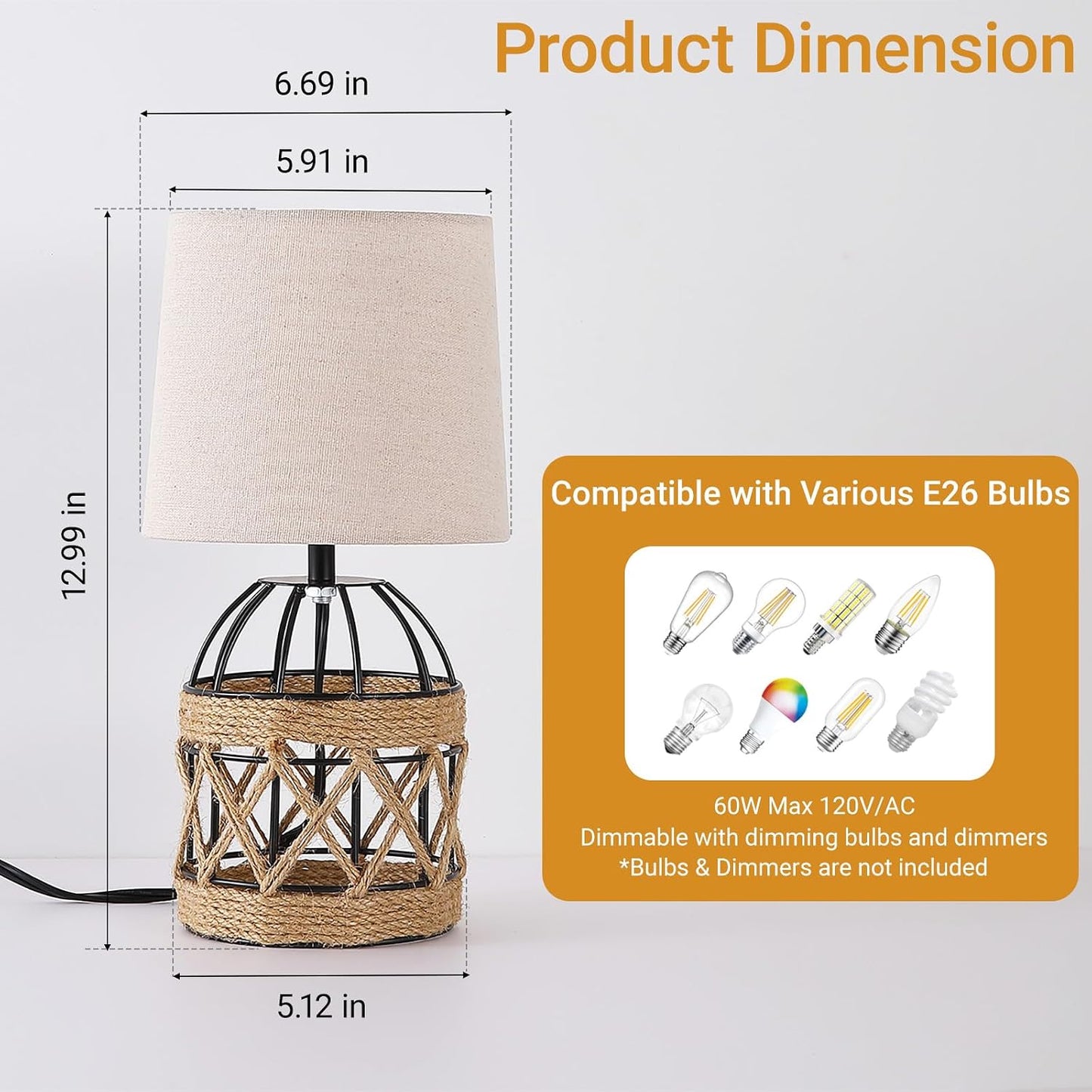 2 Lámparas Mesa Ratán Boho Dormitorio Base Metal