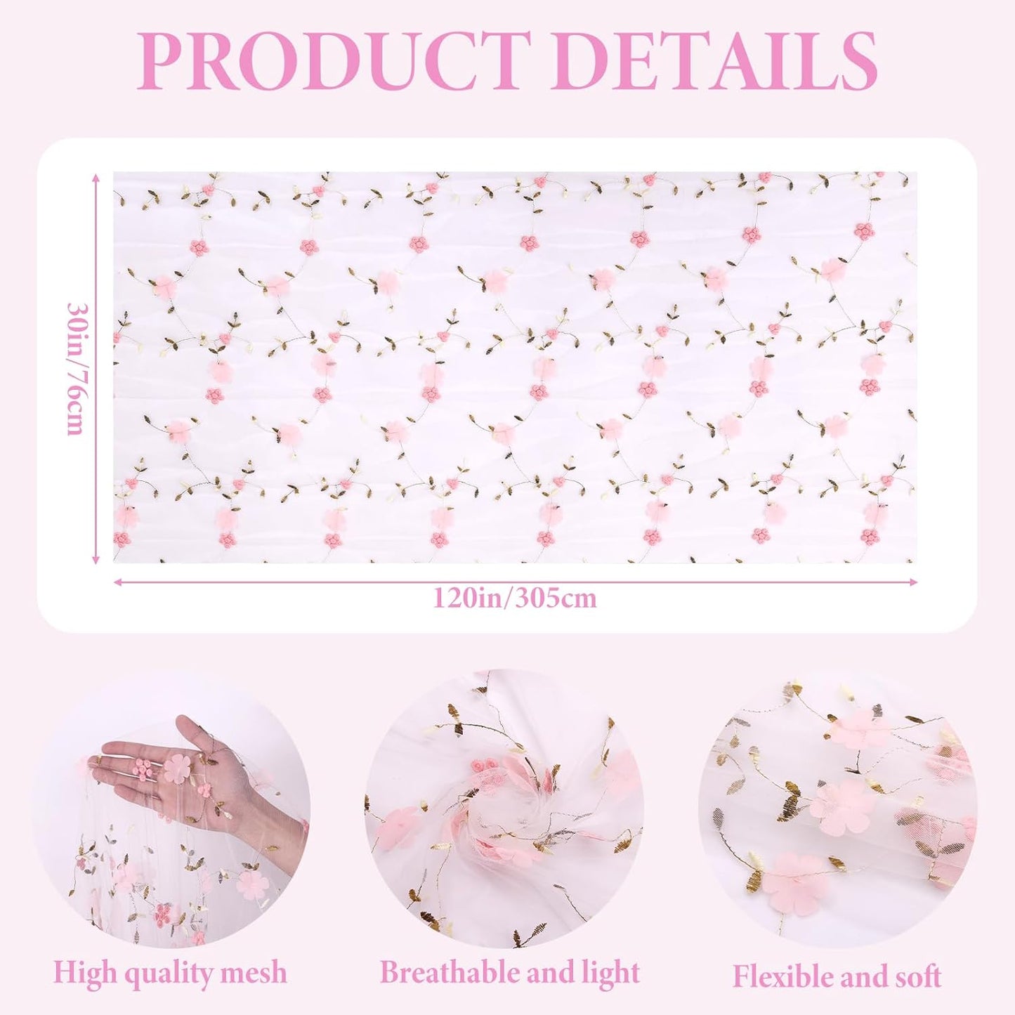 Camino de mesa de gasa marfil con bordado rosa flor 3D 120 pulgadas tul transparente para baby shower boda fiesta