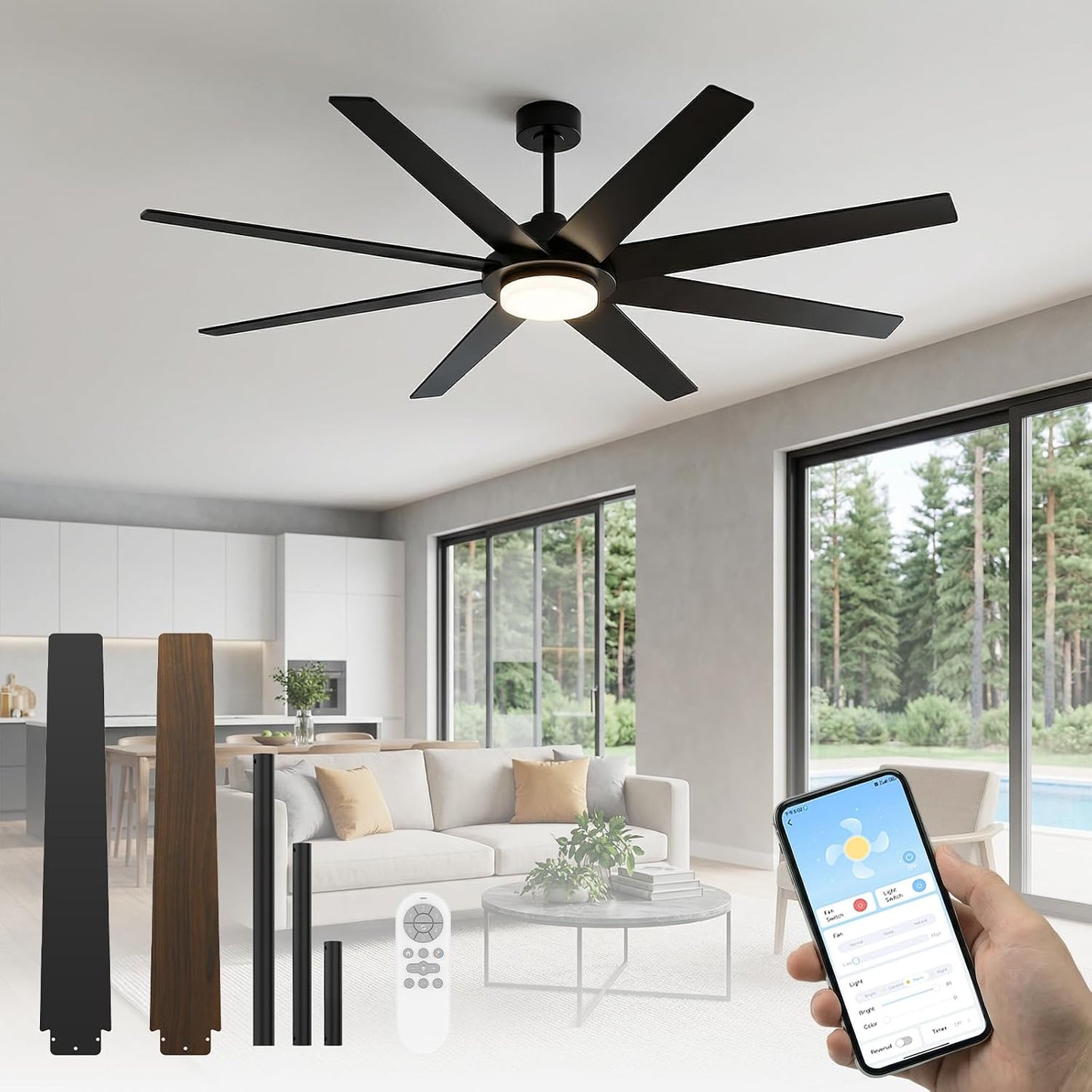 Ventilador techo 72pulg luz control remoto motor CC negro