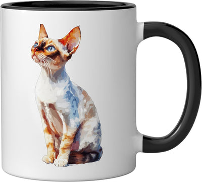 Taza cerámica para gato Devon Rex ojos azules arte felino negro/blanco