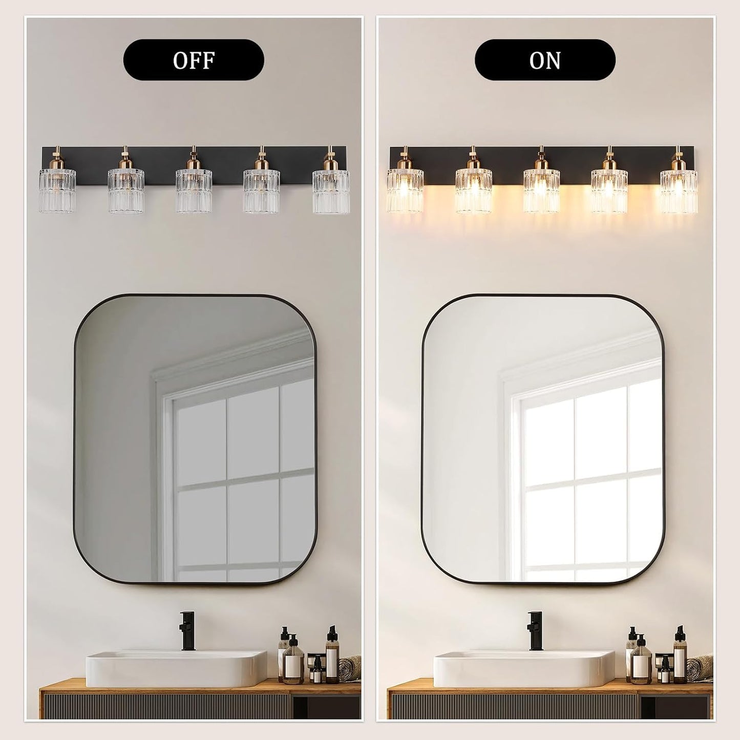 Lámparas baño 5 luces negro dorado modernas sobre espejo