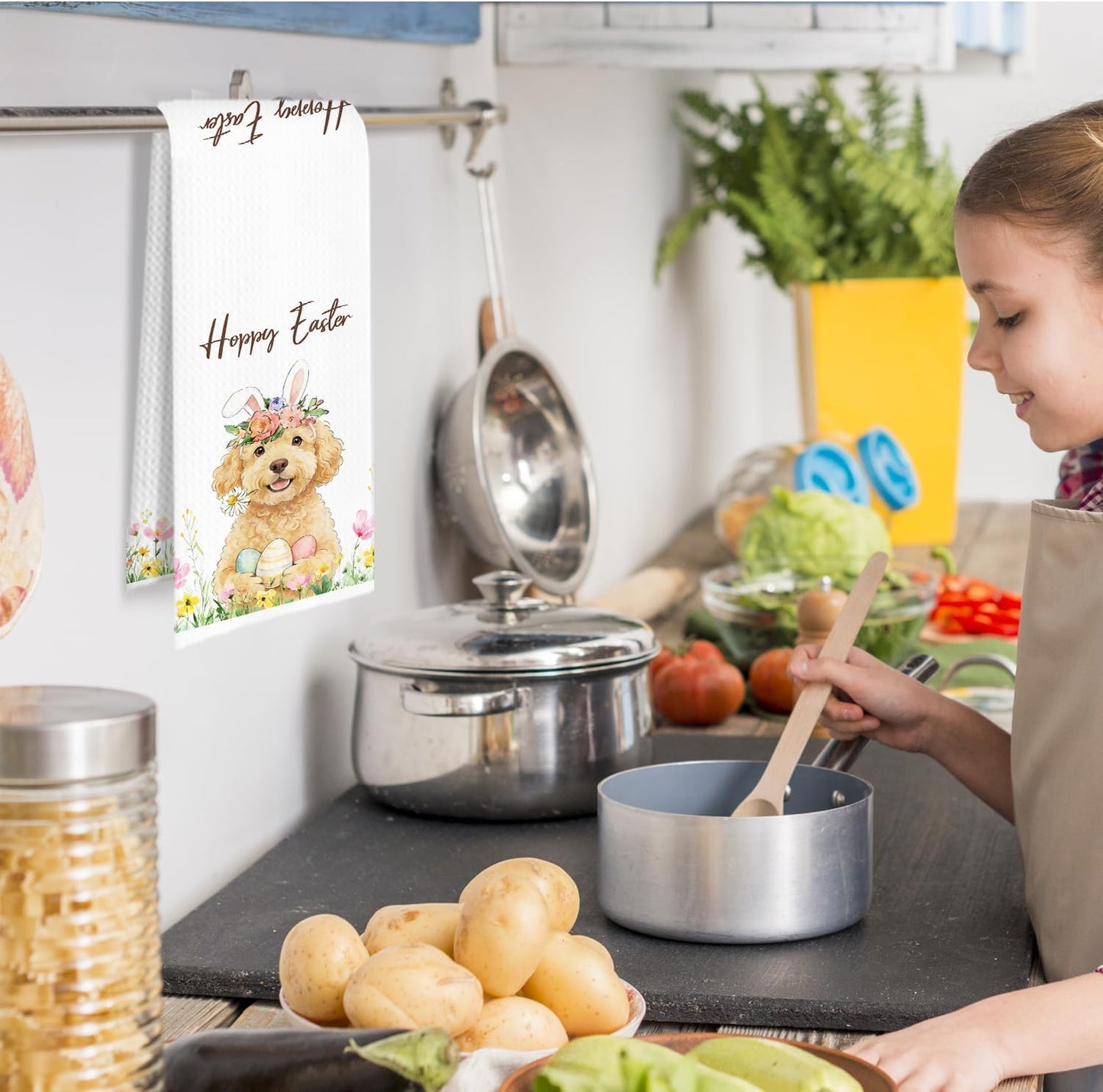 Toallas de cocina Goldendoodle con huevo de Pascua primavera