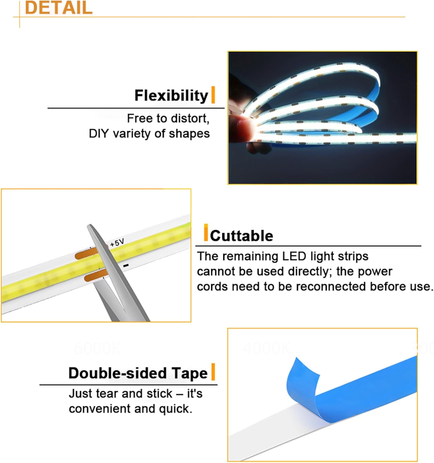 Tira LED USB 5V 6.56pies COB 3 teclas blanco flexible cocina