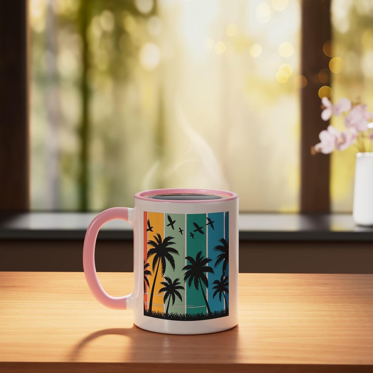 Taza cerámica retro de palma con atardecer rosa/blanco