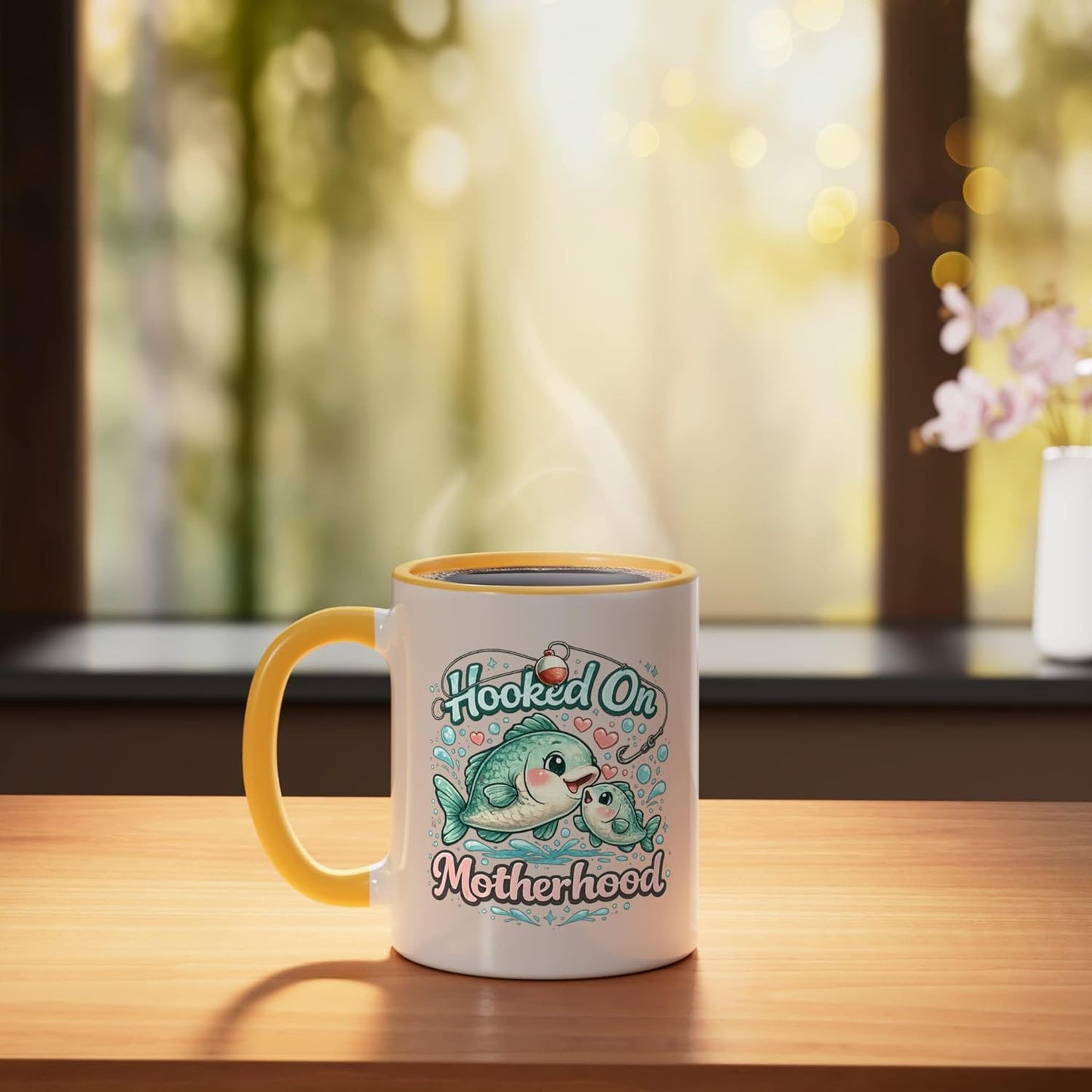 Taza Cerámica para Mamá de Pesca en Amarillo/Blanco