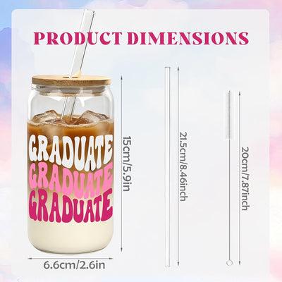 Taza de vidrio GRAD con tapa de bambú y popote, regalo de graduación 2026