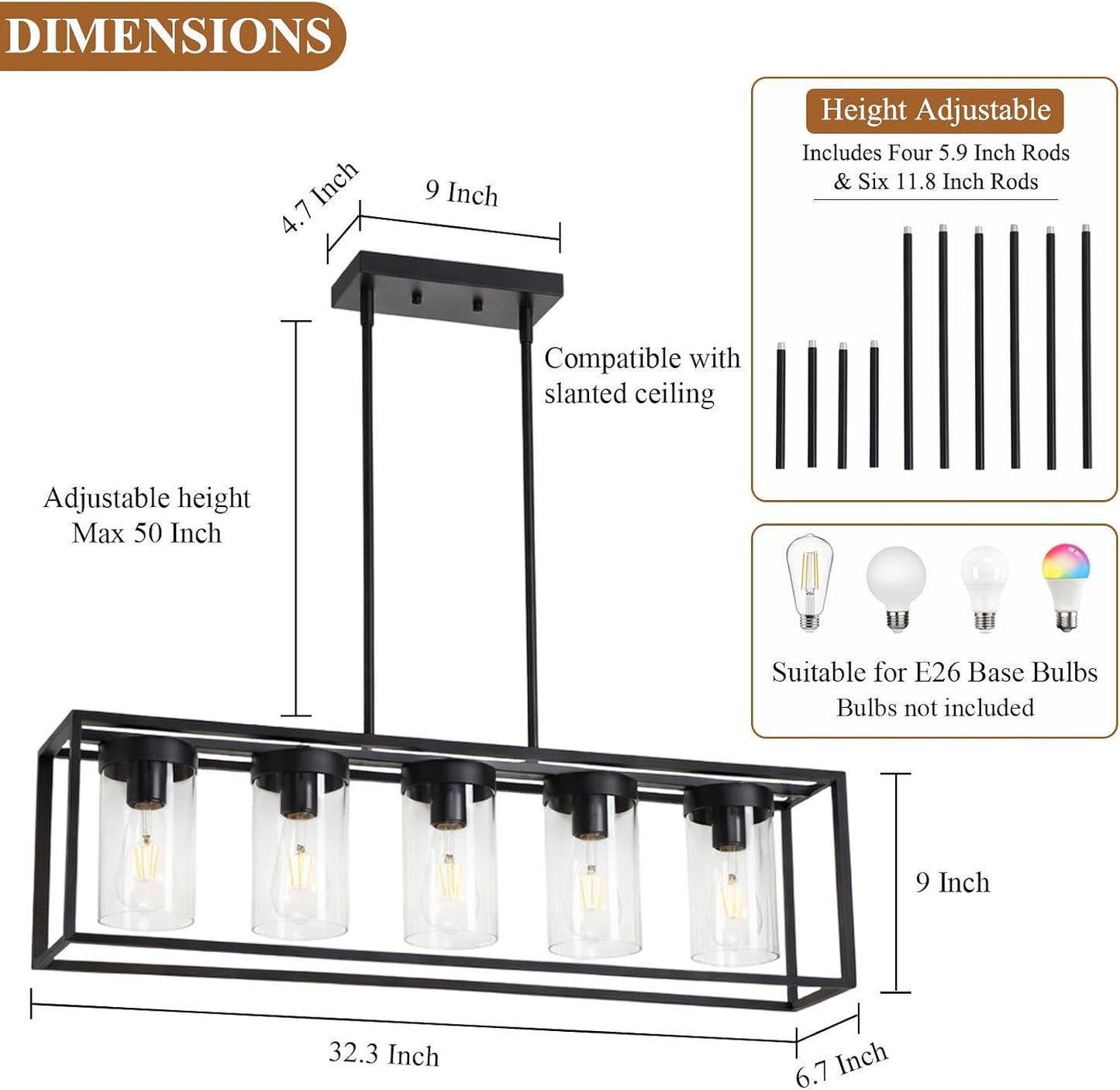 Lámpara techo estilo granja 5 luces vidrio comedor