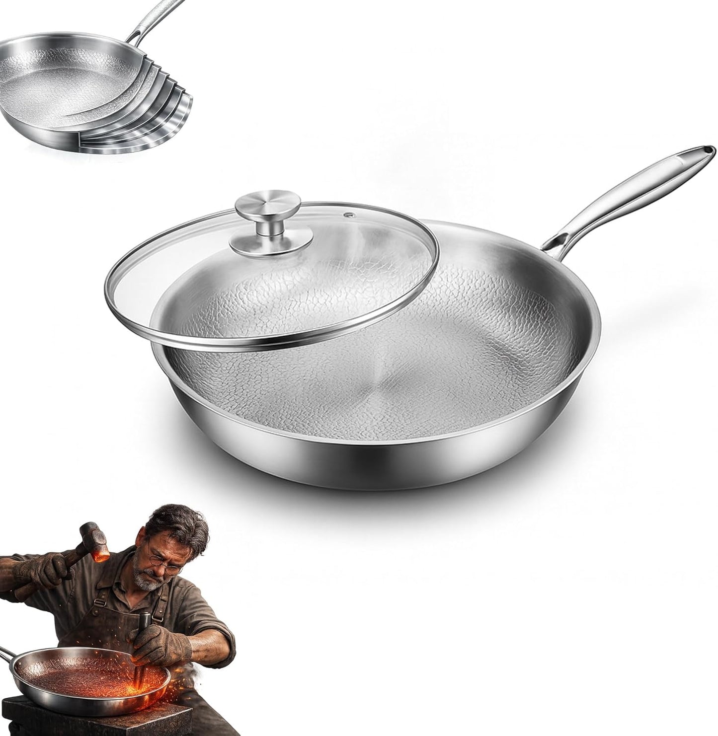 Sartén martillada de titanio puro 12" sin revestimiento