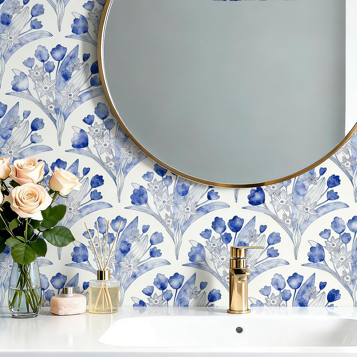 Papel tapiz floral azul autoadhesivo 16.9x196.8pulg baño