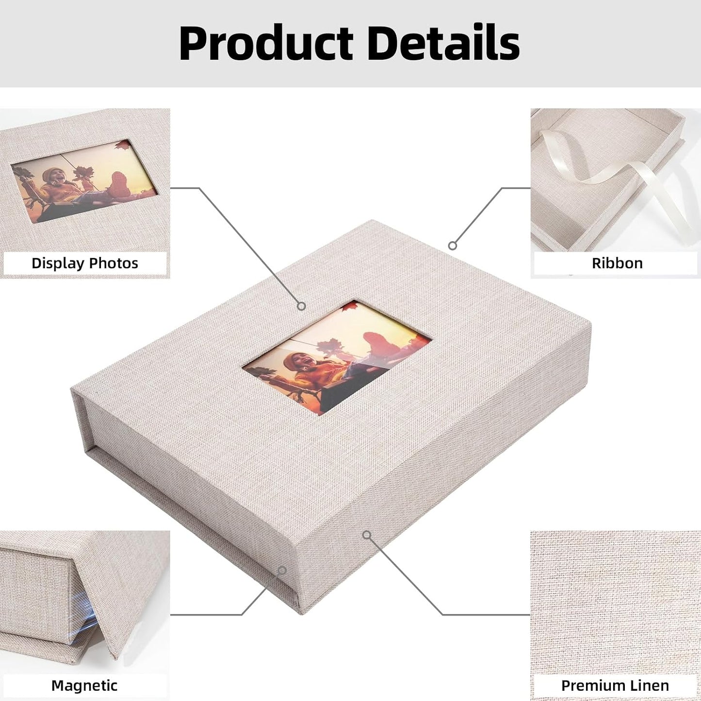 Caja fotos lino 5x7pulg con ventana elegante